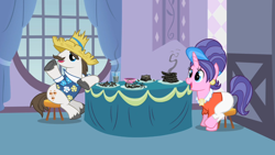 Size: 1280x720 | Tagged: safe, screencap, character:cookie crumbles, character:hondo flanks, ship:cookieflanks, episode:sisterhooves social, g4, my little pony: friendship is magic, ash, burnt juice, clothing, hat, pants, rarity's parents, shipping, shirt, stool, table