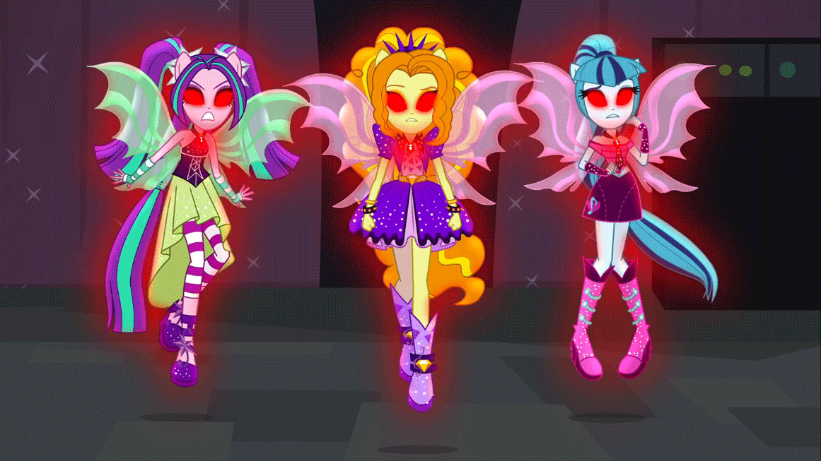 Size: 1161x653 | Tagged: safe, screencap, character:adagio dazzle, character:aria blaze, character:sonata dusk, equestria girls:rainbow rocks, g4, my little pony:equestria girls, angry, animated, bare shoulders, fin wings, glowing eyes, levitation, ponied up, sleeveless, the dazzlings