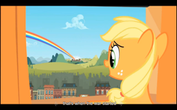 Size: 1024x640 | Tagged: safe, screencap, character:applejack, species:earth pony, species:pony, episode:the cutie mark chronicles, g4, my little pony: friendship is magic, female, filly, harsher in hindsight, rainbow, solo, war, youtube, youtube caption