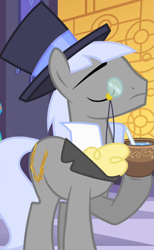 Size: 433x704 | Tagged: safe, screencap, character:caesar, species:earth pony, species:pony, episode:the best night ever, g4, my little pony: friendship is magic, background pony, clothing, cropped, cup, eyes closed, hat, male, monocle, solo, stallion, top hat