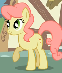 Size: 386x449 | Tagged: safe, screencap, character:gala appleby, species:earth pony, species:pony, episode:green isn't your color, g4, my little pony: friendship is magic, apple family member, background pony, cropped, female, mare, raised hoof, smiling, solo