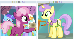 Size: 514x280 | Tagged: safe, screencap, character:cheerilee, character:drizzle, character:serena, derpibooru, episode:pinkie pride, g4, my little pony: friendship is magic, background pony, blank flank, cheese, cheese sandwich (food), exploitable meme, filly, flower, juxtaposition, juxtaposition win, meme, meta, sandwich, tree