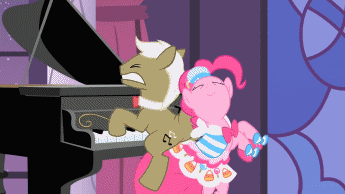 Size: 345x194 | Tagged: safe, screencap, character:frederic horseshoepin, character:pinkie pie, episode:the best night ever, g4, my little pony: friendship is magic, animated, bipedal, clothing, dress, duo, eyes closed, gala dress, gritted teeth, loop, piano, singing