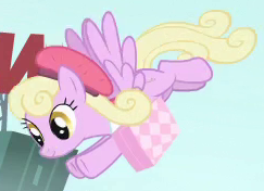 Size: 243x176 | Tagged: safe, screencap, character:luckette, species:pegasus, species:pony, episode:rarity takes manehattan, g4, my little pony: friendship is magic, clothing, flying, hat, solo, suitcase