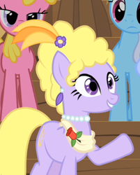 Size: 640x796 | Tagged: safe, screencap, character:cherry berry, character:linky, character:lyrica lilac, character:shoeshine, species:earth pony, species:pony, episode:green isn't your color, g4, my little pony: friendship is magic, female, mare, raised hoof, smiling, solo focus
