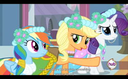 Size: 960x600 | Tagged: safe, screencap, character:applejack, character:rainbow dash, character:rarity, episode:a canterlot wedding, g4, my little pony: friendship is magic, youtube caption