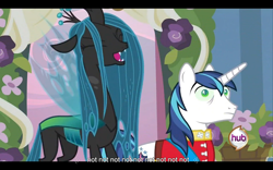 Size: 960x600 | Tagged: safe, screencap, character:queen chrysalis, character:shining armor, species:changeling, episode:a canterlot wedding, g4, my little pony: friendship is magic, changeling queen, female, youtube caption