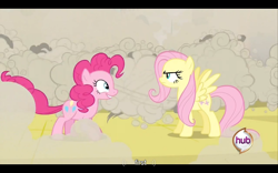 Size: 960x600 | Tagged: safe, screencap, character:fluttershy, character:pinkie pie, episode:a canterlot wedding, g4, my little pony: friendship is magic, doomie, first, youtube caption