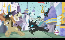 Size: 960x600 | Tagged: safe, screencap, character:doctor whooves, character:time turner, species:changeling, episode:a canterlot wedding, g4, my little pony: friendship is magic, youtube caption