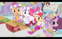 Size: 960x600 | Tagged: safe, screencap, character:apple bloom, character:princess cadance, character:scootaloo, character:sweetie belle, species:bird, species:pegasus, species:pony, episode:a canterlot wedding, g4, my little pony: friendship is magic, cutie mark crusaders, flower filly, flower girl, hub logo, youtube caption