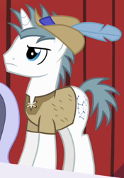 Size: 275x393 | Tagged: safe, screencap, character:orion, species:pony, species:unicorn, episode:hearth's warming eve, g4, my little pony: friendship is magic, alternate hairstyle, clothing, feather, hat, solo