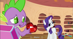 Size: 857x463 | Tagged: safe, screencap, character:rarity, character:spike, episode:secret of my excess, g4, my little pony: friendship is magic, hub logo, scrunchy face, youtube caption