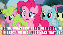 Size: 610x343 | Tagged: safe, screencap, character:pinkie pie, confused, image macro, jonas brothers, meme, nickname, question