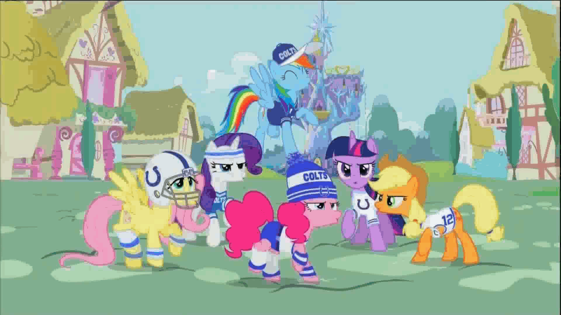 Size: 1920x1080 | Tagged: safe, official, screencap, character:applejack, character:fluttershy, character:pinkie pie, character:rainbow dash, character:rarity, character:twilight sparkle, character:twilight sparkle (alicorn), species:alicorn, species:earth pony, species:pegasus, species:pony, species:unicorn, :o, american football, andrew luck, animated, bipedal, castle, cheering, cheerleader, commercial, female, floppy ears, flying, football helmet, gif, helmet, hoofy-kicks, horses doing horse things, indianapolis colts, leg warmers, mane six, mare, nfl, nose in the air, open mouth, ponyville, sports, spread wings, stomping, super bowl, super bowl xlix, surprised, sweatband, sweet dreams fuel, together we make football, twilight's castle, volumetric mouth, wide eyes, wings, youtube link