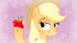 Size: 1280x720 | Tagged: safe, screencap, character:applejack, species:earth pony, species:pony, episode:simple ways, g4, my little pony: friendship is magic, apple, apple juice, heart, solo, stupid sexy applejack, sweat