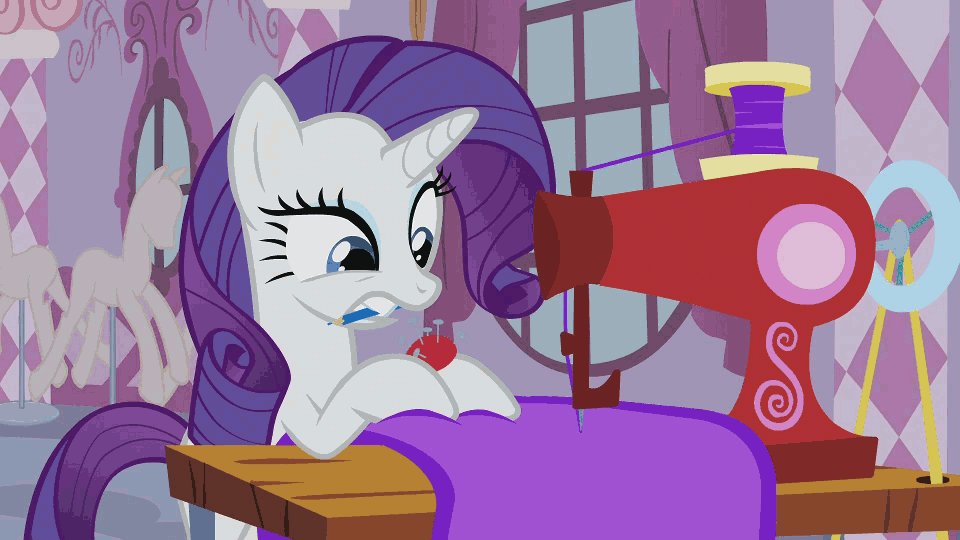 Size: 960x540 | Tagged: safe, screencap, character:rarity, character:sweetie belle, species:pony, episode:ponyville confidential, g4, my little pony: friendship is magic, animated, bipedal, carousel boutique, dress making, eyebrow wiggle, feather, gritted teeth, hoof hold, hoofy-kicks, magic, mannequin, mirror, mouth hold, notepad, peacock, pencil, reporter, sewing machine, sitting, smiling, stool, telekinesis, waving