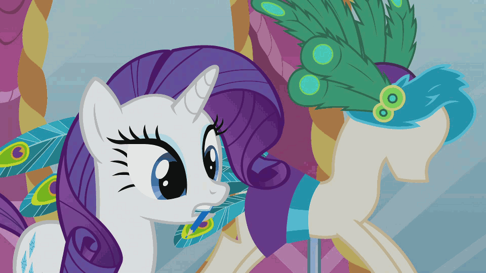 Size: 960x540 | Tagged: safe, screencap, character:rarity, character:sweetie belle, episode:ponyville confidential, g4, my little pony: friendship is magic, animated, carousel boutique, clothing, feather, hat, magic, mannequin, mirror, mouth hold, notepad, peacock, pencil, pouting, reporter, squint, stool, telekinesis