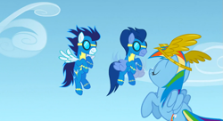 Size: 1099x597 | Tagged: safe, screencap, character:rainbow dash, character:soarin', character:wave chill, species:pegasus, species:pony, episode:sonic rainboom, g4, my little pony: friendship is magic, female, goggles, male, mare, stallion, wonderbolts uniform