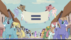Size: 1920x1080 | Tagged: safe, screencap, character:starlight glimmer, episode:the cutie map, g4, my little pony: friendship is magic, cult, equal cutie mark, equal town banner, in our town, meme origin, s5 starlight