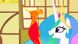 Size: 1366x768 | Tagged: safe, screencap, character:philomena, character:princess celestia, species:bird, species:phoenix, species:pony, episode:a bird in the hoof, g4, my little pony: friendship is magic, duo, ethereal mane, female, mare