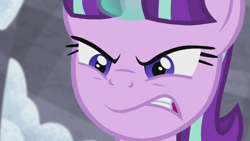 Size: 1920x1080 | Tagged: safe, screencap, character:starlight glimmer, species:pony, species:unicorn, episode:the cutie map, g4, my little pony: friendship is magic, angry, close-up, faec, female, furious, glowing horn, gritted teeth, horn, magic, mare, narrowed eyes, s5 starlight, snow, solo, squint, villainous breakdown