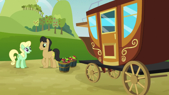 Size: 576x324 | Tagged: safe, screencap, character:apple honey, character:apple squash, character:golden delicious, character:red june, character:sweet tooth, species:earth pony, species:pony, episode:apple family reunion, g4, my little pony: friendship is magic, animated, animation error, apple family member, background pony, carriage, coach, female, filly, foal, male, mare, stallion