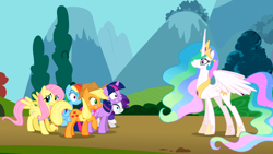 Size: 1366x768 | Tagged: safe, screencap, character:applejack, character:fluttershy, character:princess celestia, character:rainbow dash, character:rarity, character:twilight sparkle, character:twilight sparkle (unicorn), species:alicorn, species:earth pony, species:pegasus, species:pony, species:unicorn, episode:swarm of the century, g4, my little pony: friendship is magic, crown, ethereal mane, female, hoof shoes, jewelry, mare, peytral, regalia
