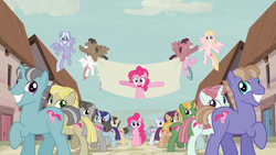 Size: 1280x720 | Tagged: safe, artist:gnp foehammer, screencap, character:pinkie pie, episode:the cutie map, g4, my little pony: friendship is magic, equal town banner, equal town banner meme, exploitable meme, in our town, meme, praise pinkie