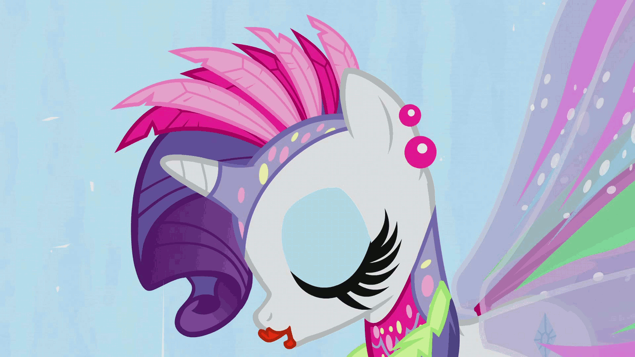 Size: 1248x702 | Tagged: safe, screencap, character:rarity, episode:sonic rainboom, g4, my little pony: friendship is magic, animated, butterfly wings, clothing, collar, costume, earring, feather, glittering, gossamer wings, headdress, lipstick, makeup, pose, shine, smiling, sparkles, sweat, wings, wristband, zoom out