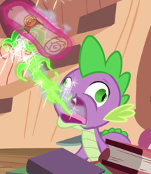 Size: 980x1136 | Tagged: safe, screencap, character:spike, species:dragon, episode:castle mane-ia, g4, my little pony: friendship is magic, book, burp, derp, dragon mail, dragonfire, faec, fire, green fire, magic, male, open mouth, scroll, solo, telekinesis, tongue out