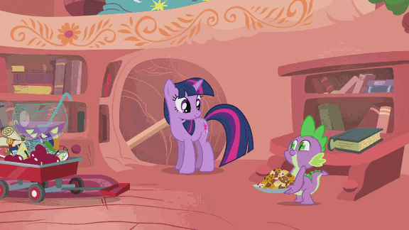 Size: 576x324 | Tagged: safe, screencap, character:spike, character:twilight sparkle, character:twilight sparkle (unicorn), species:dragon, species:pony, species:unicorn, episode:owl's well that ends well, g4, my little pony: friendship is magic, animated, apple, book, bookshelf, cookie, deaf, desk, door, duo, female, giggling, golden oaks library, ladder, male, mare, praise, punch (drink), punch bowl, realization, sassy, scroll, smiling, smirk, spikelove, stairs, telescope, that's spike, wagon