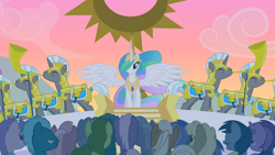 Size: 1366x768 | Tagged: safe, screencap, character:amethyst star, character:dizzy twister, character:mjölna, character:oakey doke, character:orange swirl, character:princess celestia, character:silver spanner, character:sparkler, episode:the cutie mark chronicles, g4, my little pony: friendship is magic, background pony, background pony audience, bottlecap (character), clones, eiffel, fuchsia fizz, lavenderhoof, royal guard, welch