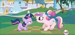 Size: 882x413 | Tagged: safe, screencap, character:princess cadance, character:twilight sparkle, episode:a canterlot wedding, g4, my little pony: friendship is magic, duo, female, filly, filly twilight sparkle, lidded eyes, play button, sunshine sunshine, teen princess cadance, younger