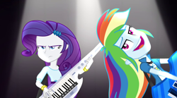 Size: 1280x714 | Tagged: safe, screencap, character:rainbow dash, character:rarity, equestria girls:rainbow rocks, g4, my little pony:equestria girls, faec, funny face, guitar, keyboard, keytar, musical instrument, rarity is not amused, serious face, top cunt, trollface, u mad, unamused