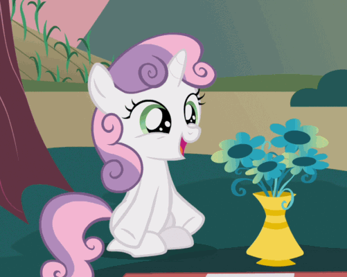 Size: 501x400 | Tagged: safe, screencap, character:sweetie belle, episode:hearts and hooves day, g4, my little pony: friendship is magic, animated, cropped, flower, loop, sitting, solo, talking, vase, waving