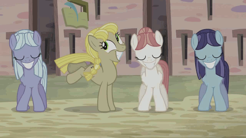 Size: 960x540 | Tagged: safe, screencap, character:offbeat, species:earth pony, species:pegasus, species:pony, episode:the cutie map, g4, my little pony: friendship is magic, animated, bucking, creepy, creepy smile, cult, cute, dancing, equal cutie mark, equalized, equalized mane, eyes closed, fake smile, female, folded wings, grin, in our town, left shark, mare, quartet, smiling, ungraceful, wide smile, wings