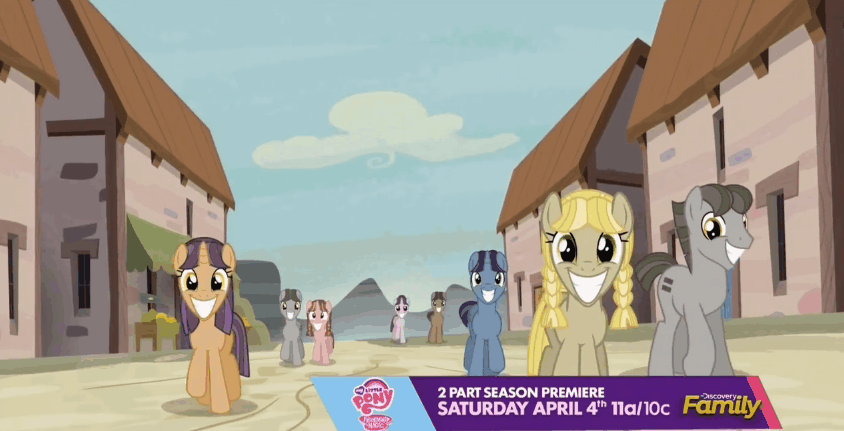 Size: 844x431 | Tagged: safe, screencap, character:tornado bolt, species:earth pony, species:pegasus, species:pony, species:unicorn, episode:the cutie map, g4, my little pony: friendship is magic, animated, community, creepy, creepy smile, crying inside, cult, equal cutie mark, equalized, equalized mane, fake smile, female, filly, foal, forced smile, hair bun, male, mare, market, obscured face, our town, pigtails, plot, smiling, spread wings, stallion, town, twintails, walking, wide smile, wings
