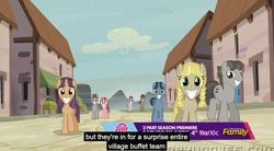 Size: 1257x692 | Tagged: safe, screencap, character:offbeat, species:earth pony, species:pony, species:unicorn, episode:the cutie map, g4, my little pony: friendship is magic, bacon braids, creepy, creepy smile, cult, equal cutie mark, equalized, equalized mane, fake smile, female, forced smile, male, mare, meme, misspelling, our town, pigtails, smiling, stallion, twintails, walking, wide smile, youtube caption