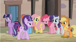 Size: 855x469 | Tagged: safe, screencap, character:applejack, character:fluttershy, character:pinkie pie, character:rainbow dash, character:rarity, character:starlight glimmer, character:twilight sparkle, character:twilight sparkle (alicorn), species:alicorn, species:pony, episode:the cutie map, g4, my little pony: friendship is magic, equal cutie mark, mane six, s5 starlight, when she doesn't smile