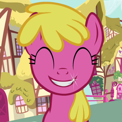 Size: 720x720 | Tagged: safe, screencap, character:cherry berry, episode:a friend in deed, g4, my little pony: friendship is magic, cherrybetes, cute, eyes closed, happy, ponyville, smile song, smiling, solo