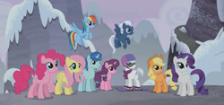 Size: 1919x900 | Tagged: safe, screencap, character:applejack, character:double diamond, character:fluttershy, character:night glider, character:party favor, character:pinkie pie, character:rainbow dash, character:rarity, character:sugar belle, episode:the cutie map, g4, my little pony: friendship is magic, equal four