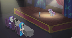 Size: 1920x1011 | Tagged: safe, screencap, character:dj pon-3, character:octavia melody, character:rarity, character:sweetie belle, character:vinyl scratch, episode:bloom and gloom, g4, my little pony: friendship is magic, it didn't happen, it's happening, microphone, stage
