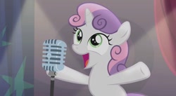 Size: 1279x699 | Tagged: safe, screencap, character:sweetie belle, species:pony, species:unicorn, episode:bloom and gloom, g4, my little pony: friendship is magic, 2015, cute, diasweetes, female, filly, happy, it didn't happen, it's happening, microphone, open mouth, singing, template, upcoming, would you rather sweetie belle