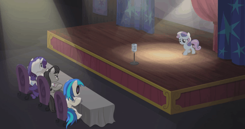 Size: 850x449 | Tagged: safe, screencap, character:dj pon-3, character:octavia melody, character:rarity, character:sweetie belle, character:vinyl scratch, episode:bloom and gloom, g4, my little pony: friendship is magic, animated, it didn't happen, it's happening