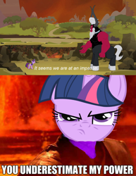 Size: 1276x1653 | Tagged: safe, screencap, character:lord tirek, character:twilight sparkle, character:twilight sparkle (alicorn), species:alicorn, species:pony, episode:twilight's kingdom, g4, my little pony: friendship is magic, anakin skywalker, crossover, image macro, lava, meme, revenge of the sith, star wars, twilight is anakin, twilight vs tirek