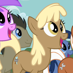 Size: 600x600 | Tagged: safe, screencap, character:doctor whooves, character:mjölna, character:silver spanner, character:time turner, species:earth pony, species:pony, species:unicorn, episode:the super speedy cider squeezy 6000, g4, my little pony: friendship is magic, background pony, background pony audience, bottlecap (character), cropped, female, male, mare, open mouth, solo focus, stallion, unnamed pony