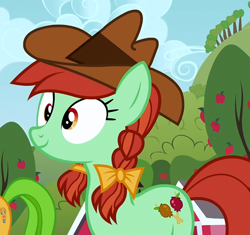 Size: 718x675 | Tagged: safe, screencap, character:candy apples, character:perfect pie, species:earth pony, species:pony, episode:apple family reunion, g4, my little pony: friendship is magic, apple family member, background pony, bow, braid, clothing, cowboy hat, cropped, female, hair bow, hat, mare, solo focus, stetson