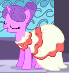 Size: 384x407 | Tagged: safe, screencap, character:north star (g4), species:pony, species:unicorn, episode:the best night ever, g4, my little pony: friendship is magic, background pony, clothing, cropped, dress, eyes closed, female, mare, solo