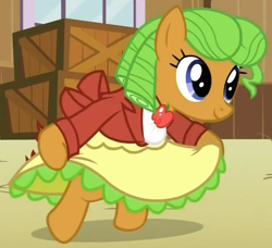 Size: 685x625 | Tagged: safe, screencap, character:dosie dough, species:earth pony, species:pony, episode:apple family reunion, g4, my little pony: friendship is magic, apple family member, background pony, clothing, courtsey, cropped, curtsey, curtseying, dress, female, mare, ringlets, solo