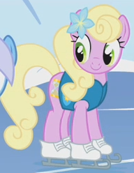 Size: 192x248 | Tagged: safe, screencap, character:spring forward, species:earth pony, species:pony, episode:winter wrap up, g4, my little pony: friendship is magic, background pony, clothing, cropped, female, flower, flower in hair, ice skates, mare, solo focus, vest, weather team, winter wrap up vest